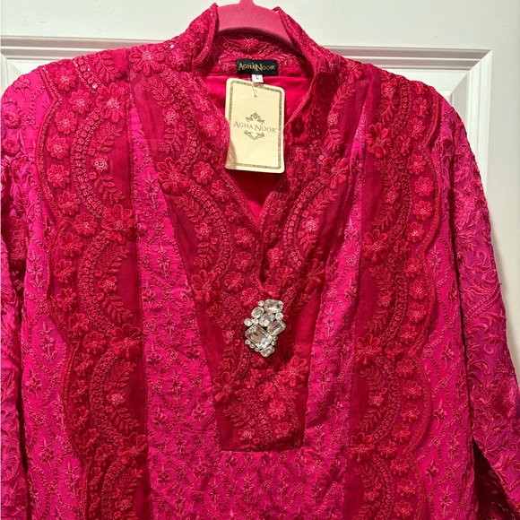 Agha Noor Fuschia Silk and Chiffon Women’s Tunic Top - Picture 2 of 12